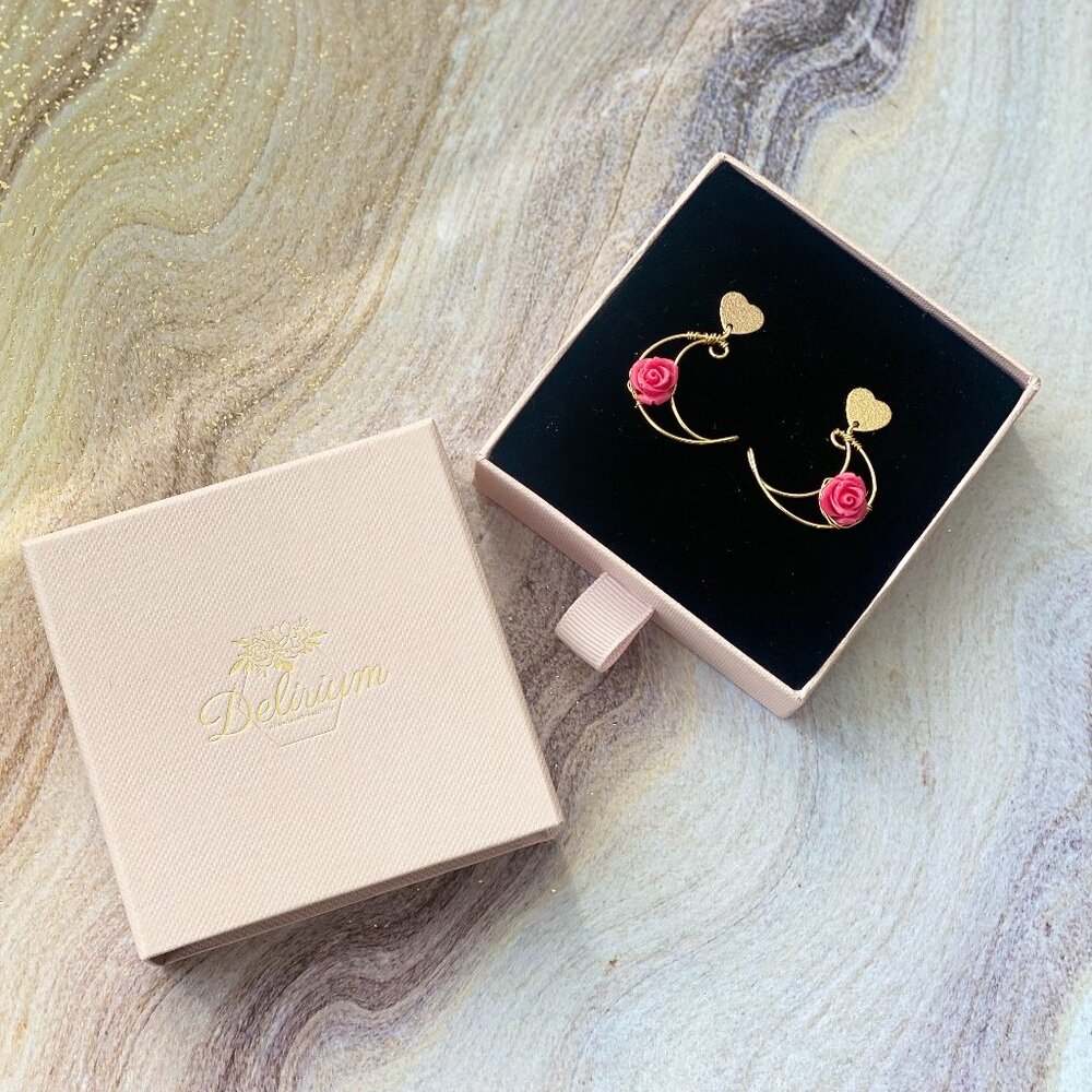 Handmade floral drop earrings- Gold moon earrings